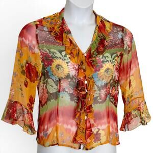 Coldwater Creek Ruffle Front Silk Blouse PM Sheer Artsy Boho Floral Button Up